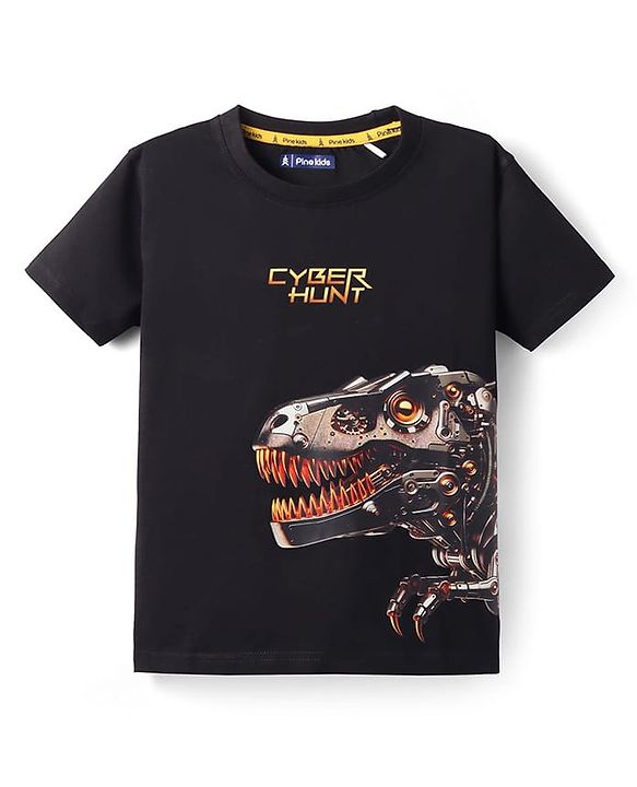 Pine Kids Cotton Knit Half Sleeves T-Shirt With Dino & Cyber Hunt Text Print - Black