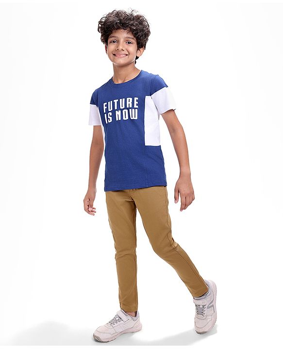 Pine Kids Cotton Knit Half Sleeves T-Shirt with Text Print - Navy Blue