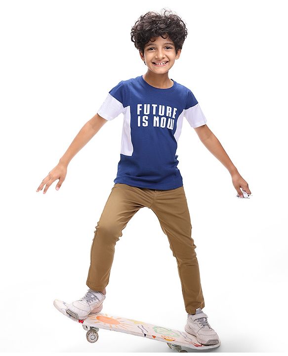 Pine Kids Cotton Knit Half Sleeves T-Shirt with Text Print - Navy Blue