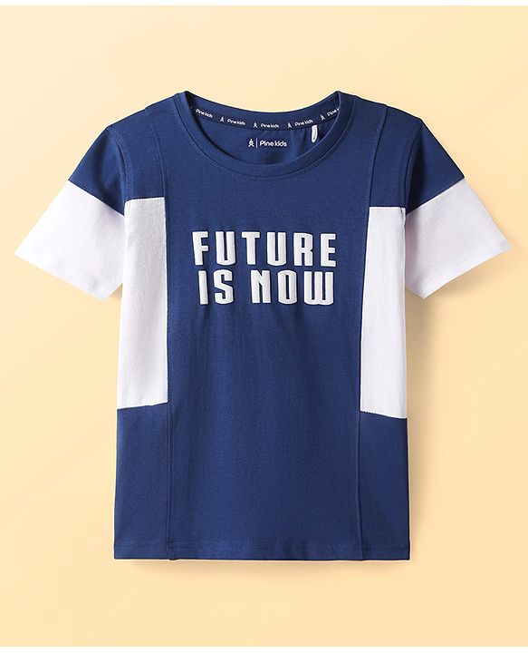 Pine Kids Cotton Knit Half Sleeves T-Shirt with Text Print - Navy Blue