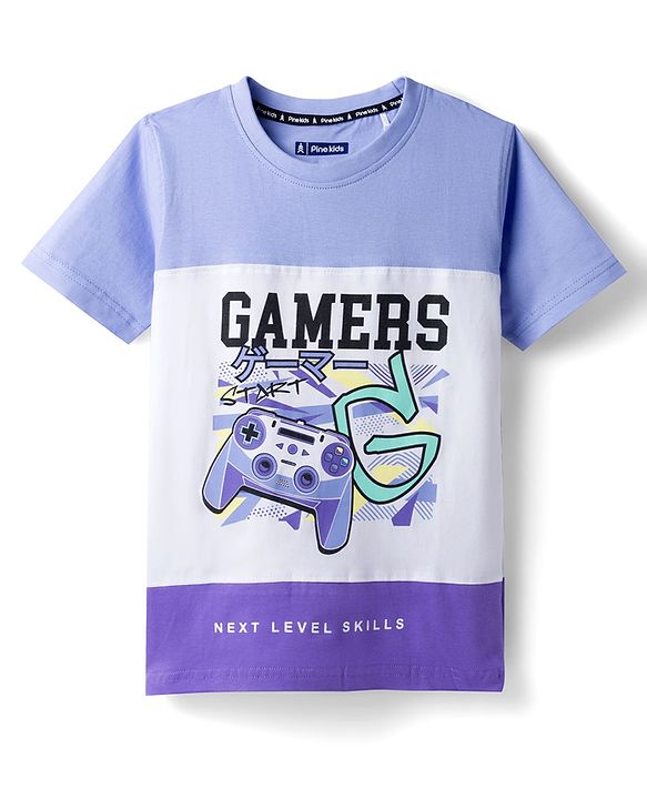 Pine Kids Cotton Knit Half Sleeves Cut & Sew T-Shirt With Gamers Text Print - White & Purple