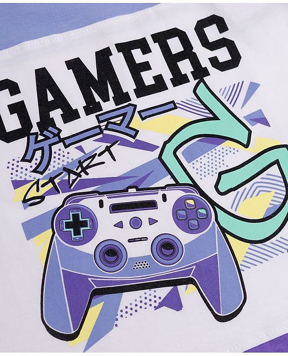 Pine Kids Cotton Knit Half Sleeves Cut & Sew T-Shirt With Gamers Text Print - White & Purple