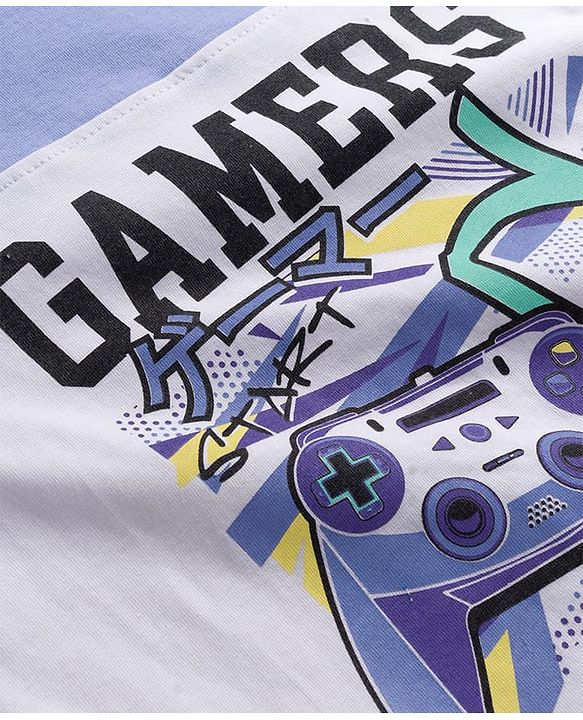 Pine Kids Cotton Knit Half Sleeves Cut & Sew T-Shirt With Gamers Text Print - White & Purple