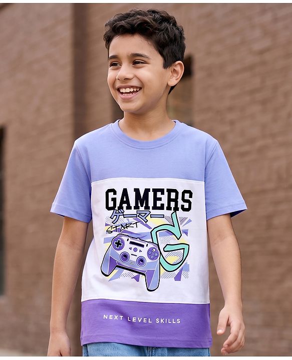 Pine Kids Cotton Knit Half Sleeves Cut & Sew T-Shirt With Gamers Text Print - White & Purple