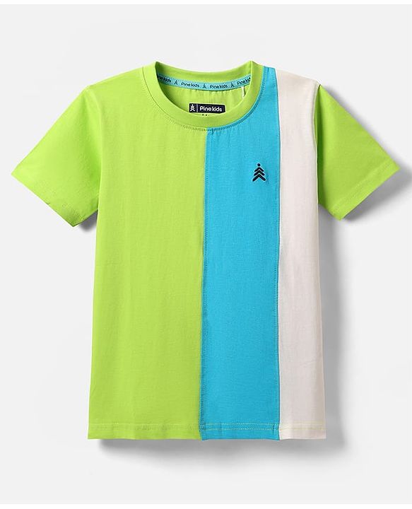 Pine Kids Cotton Knit Half Sleeves Color Black T-Shirt With Logo Print - Limegreen & Light Blue