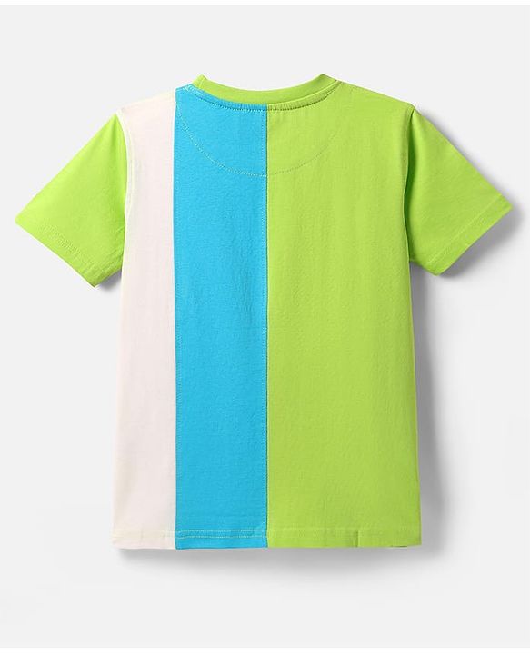 Pine Kids Cotton Knit Half Sleeves Color Black T-Shirt With Logo Print - Limegreen & Light Blue