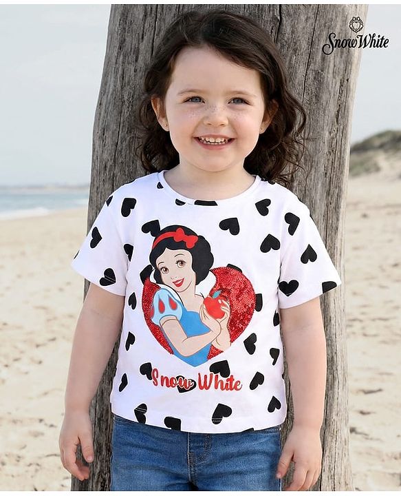 Babyhug Disney Single Jersey Knit Half Sleeves Drop Shoulder T-Shirt With Disney Princess Snow White Graphics - White