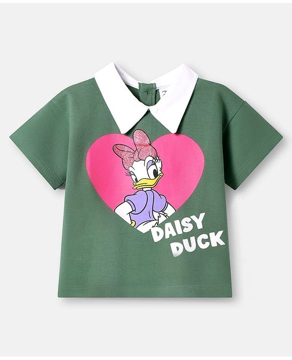 Babyhug Disney Single Jersey Knit Half Sleeves Overlapped T-Shirt & Skirt Set With Daisy Duck Graphics - Dark Green