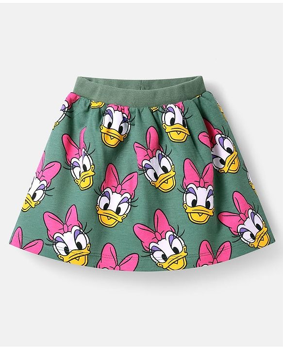 Babyhug Disney Single Jersey Knit Half Sleeves Overlapped T-Shirt & Skirt Set With Daisy Duck Graphics - Dark Green