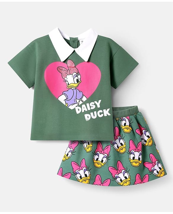Babyhug Disney Single Jersey Knit Half Sleeves Overlapped T-Shirt & Skirt Set With Daisy Duck Graphics - Dark Green