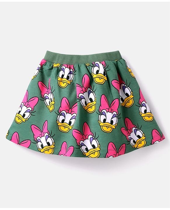 Babyhug Disney Single Jersey Knit Half Sleeves Overlapped T-Shirt & Skirt Set With Daisy Duck Graphics - Dark Green