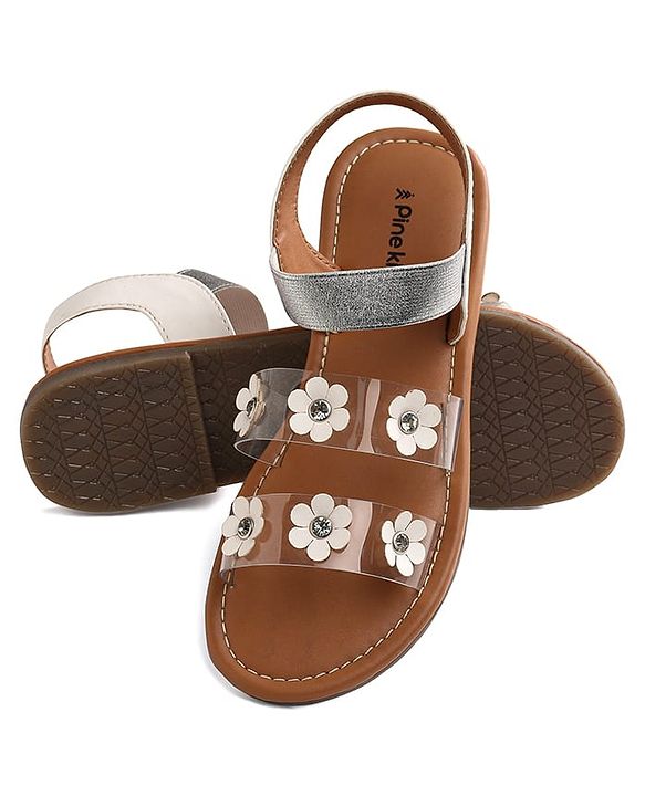 Pine Kids Transparent Straps Sandals with Floral Appliques - Silver
