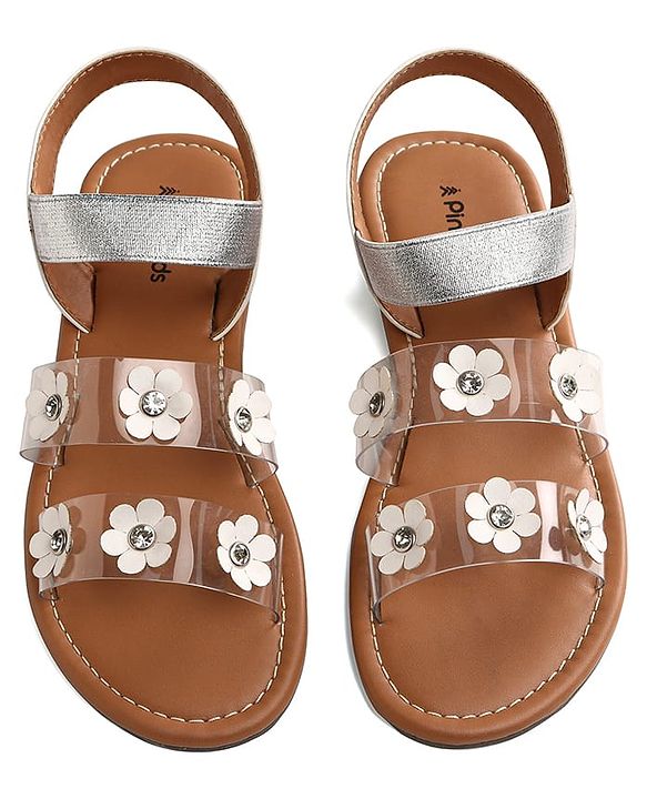 Pine Kids Transparent Straps Sandals with Floral Appliques - Silver