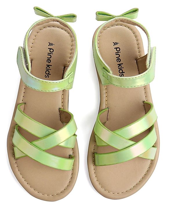 Pine Kids Velcro Closure Sandals With Bow Applique - Green