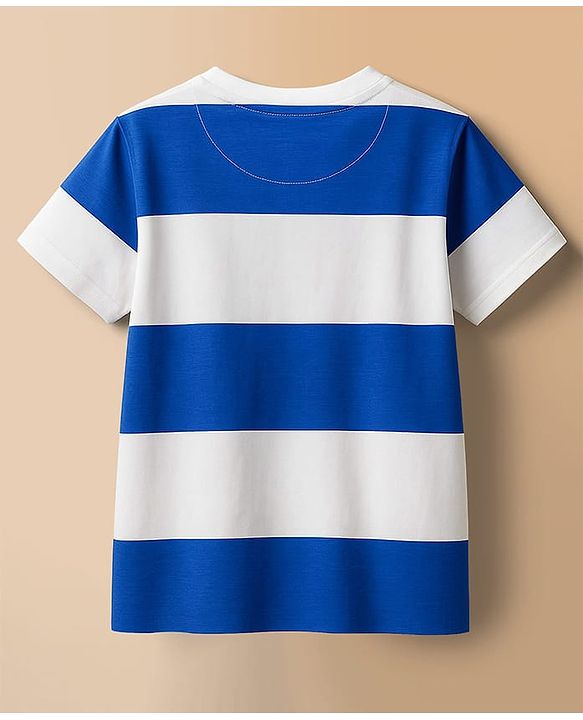 Pine Kids Cotton Knit Half Sleeves T-Shirt With Stripes & Pocket with Beach Print - White & Blue