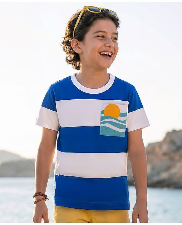 Pine Kids Cotton Knit Half Sleeves T-Shirt With Stripes & Pocket with Beach Print - White & Blue
