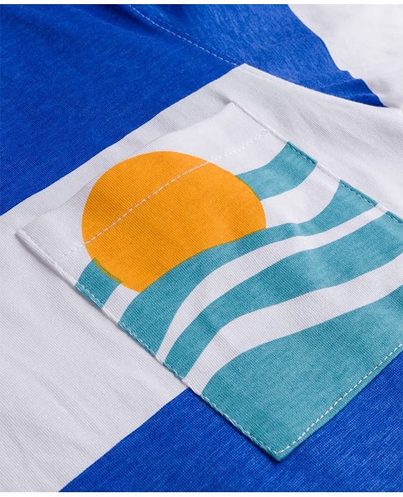 Pine Kids Cotton Knit Half Sleeves T-Shirt With Stripes & Pocket with Beach Print - White & Blue
