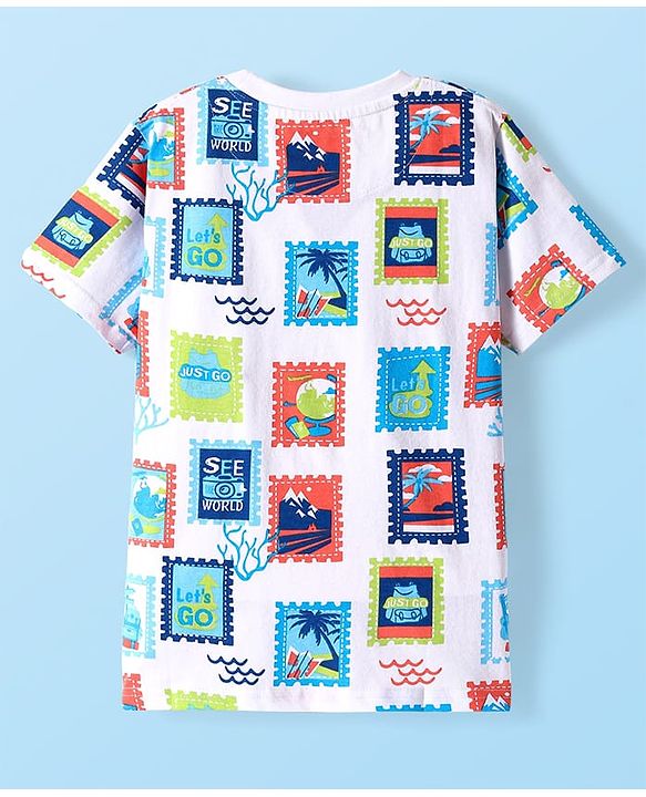 Pine Kids Cotton Knit Half Sleeves T-Shirt with Beach Theme Print - White