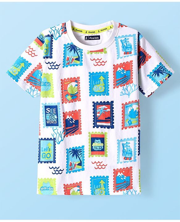 Pine Kids Cotton Knit Half Sleeves T-Shirt with Beach Theme Print - White