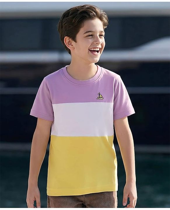 Pine Kids Cotton Knit Half Sleeves T-Shirt With Cut & Sew & Boat Embroidery - White Yellow  & Plum