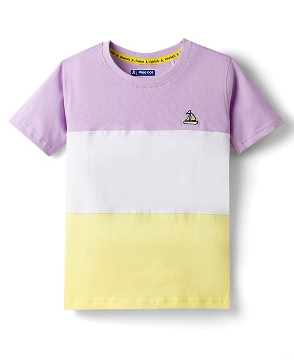 Pine Kids Cotton Knit Half Sleeves T-Shirt With Cut & Sew & Boat Embroidery - White Yellow  & Plum