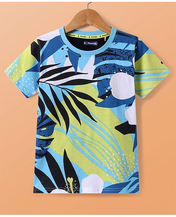 Pine Kids Cotton Knit Half Sleeves T-Shirt with Tropical Print - White & Blue