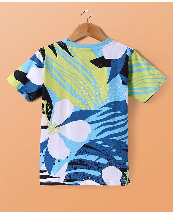 Pine Kids Cotton Knit Half Sleeves T-Shirt with Tropical Print - White & Blue
