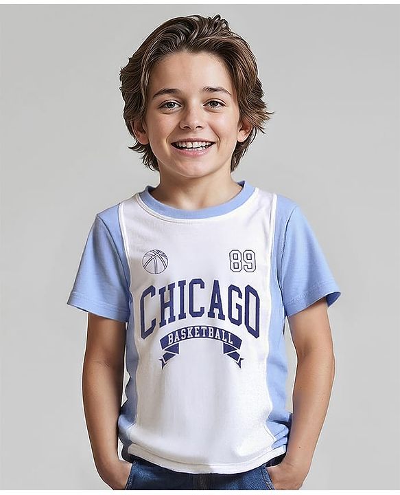Pine Kids Cotton Knit Half Sleeves T-Shirt with Sports Theme Print - White