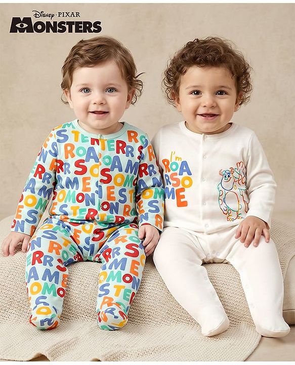 Babyhug Disney Interlock Knit Full Sleeves Footed Sleepsuit With Monster Inc. Graphics Pack Of 2 - White & Light Green