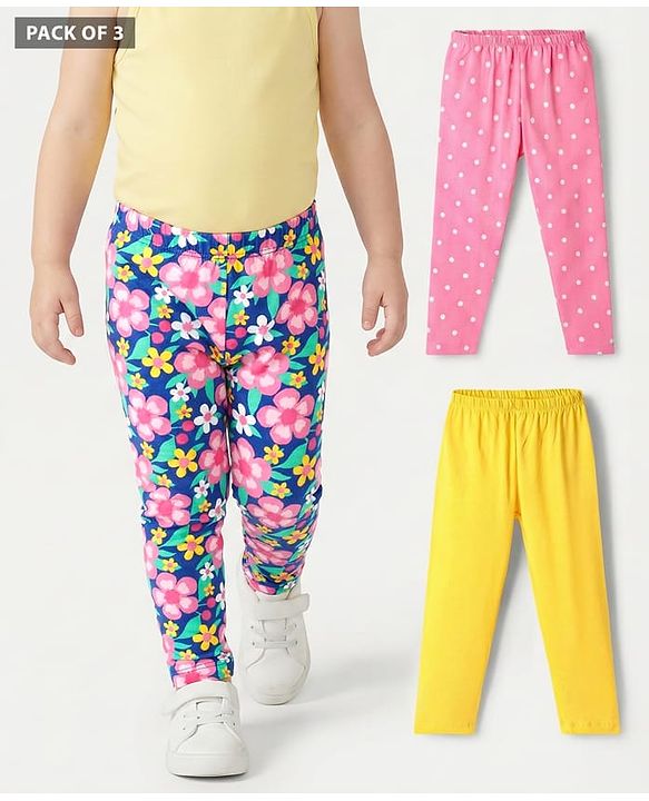 Babyhug Cotton Knit Full Length Leggings With Polka Dots & Floral Print Pack Of 3 - Yellow Pink & Blue