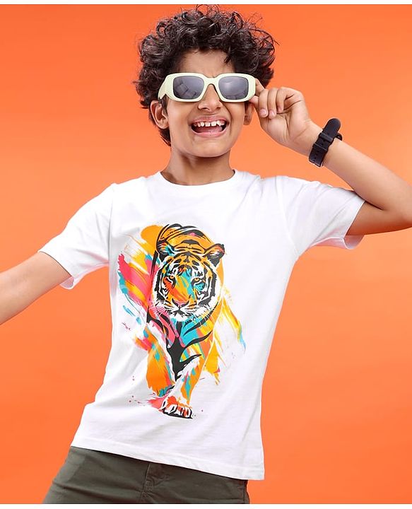 Pine Kids Cotton Knit Half Sleeves T-Shirt with Tiger Print - White