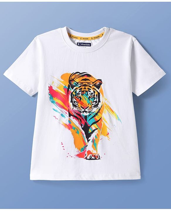 Pine Kids Cotton Knit Half Sleeves T-Shirt with Tiger Print - White