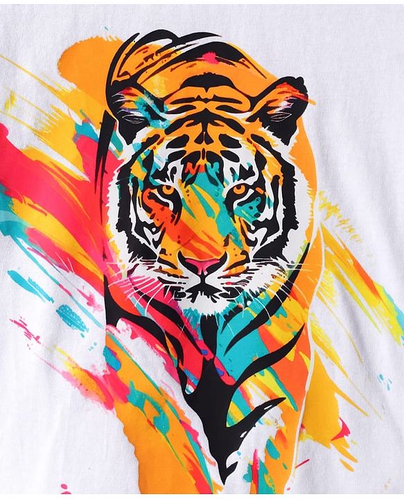 Pine Kids Cotton Knit Half Sleeves T-Shirt with Tiger Print - White