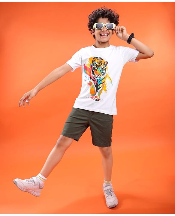 Pine Kids Cotton Knit Half Sleeves T-Shirt with Tiger Print - White