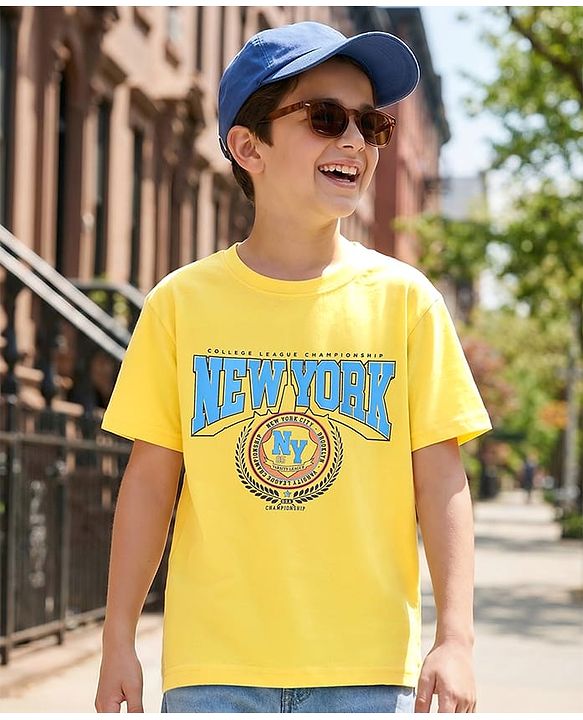 Pine Kids Cotton Knit Half Sleeves T-Shirt With Newyork  Text Print - Yellow
