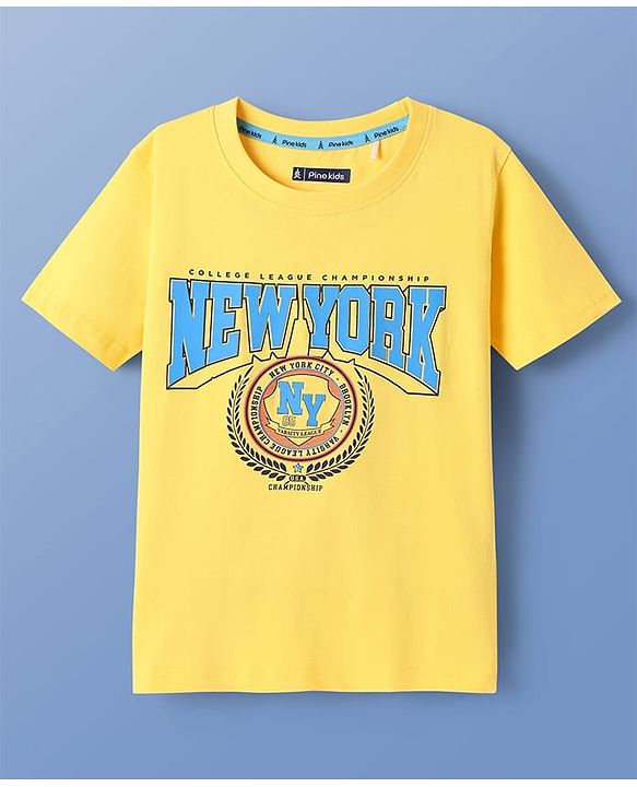 Pine Kids Cotton Knit Half Sleeves T-Shirt With Newyork  Text Print - Yellow