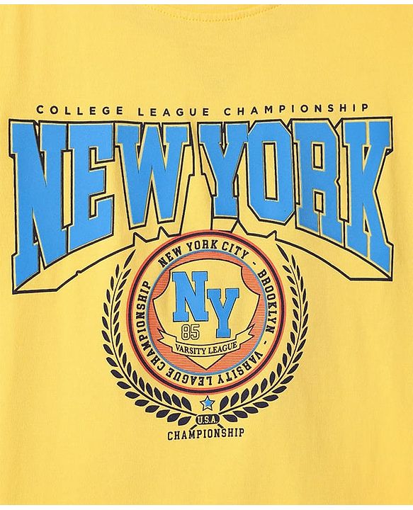 Pine Kids Cotton Knit Half Sleeves T-Shirt With Newyork  Text Print - Yellow