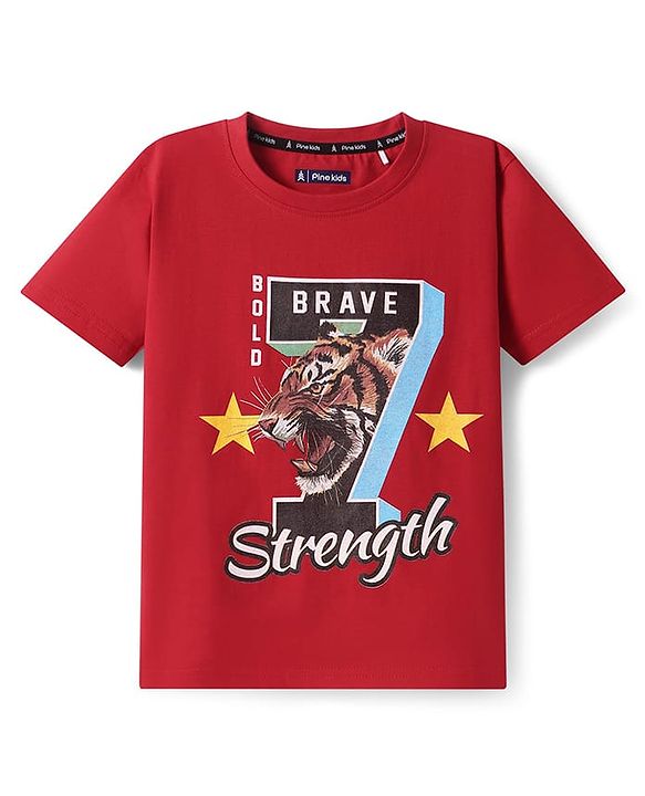 Pine Kids Cotton Knit Half Sleeves T-Shirt with Text Print - Red