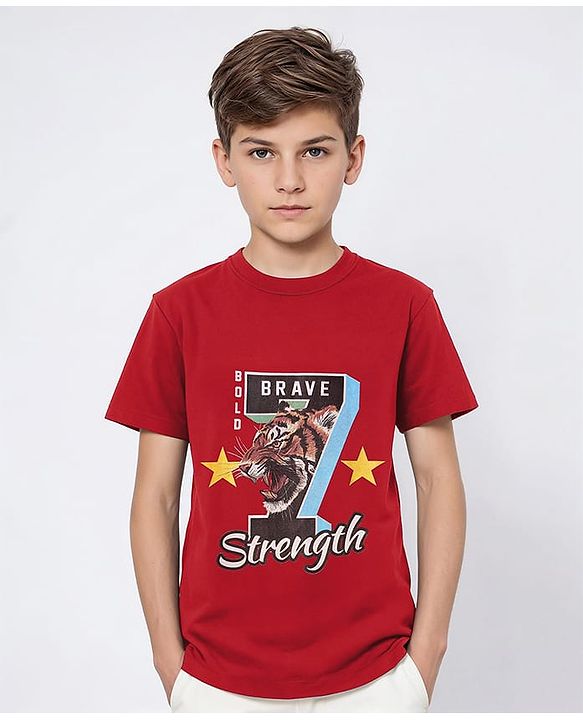Pine Kids Cotton Knit Half Sleeves T-Shirt with Text Print - Red