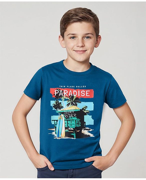 Pine Kids Cotton Knit Half Sleeves T-Shirt with Beach Theme Print - Teal Blue