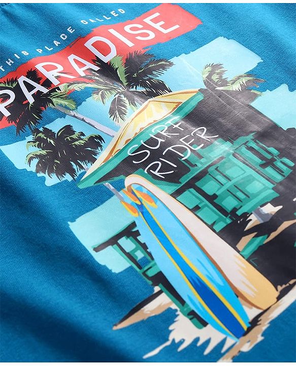 Pine Kids Cotton Knit Half Sleeves T-Shirt with Beach Theme Print - Teal Blue