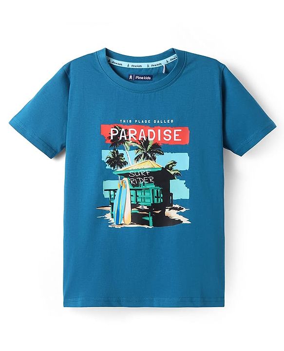 Pine Kids Cotton Knit Half Sleeves T-Shirt with Beach Theme Print - Teal Blue