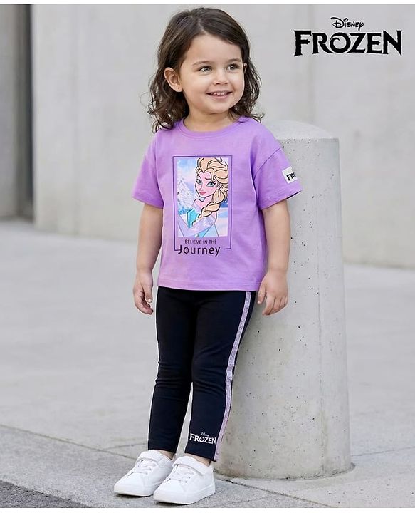 Babyhug Disney Single Jersey Knit Half Sleeves T-Shirt And Lounge Pants Set With Disney Princess Graphics - Lavender