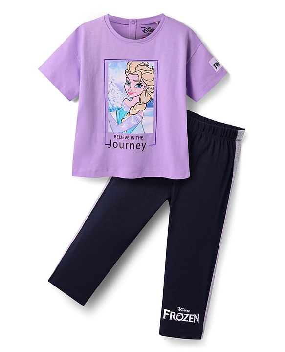 Babyhug Disney Single Jersey Knit Half Sleeves T-Shirt And Lounge Pants Set With Disney Princess Graphics - Lavender