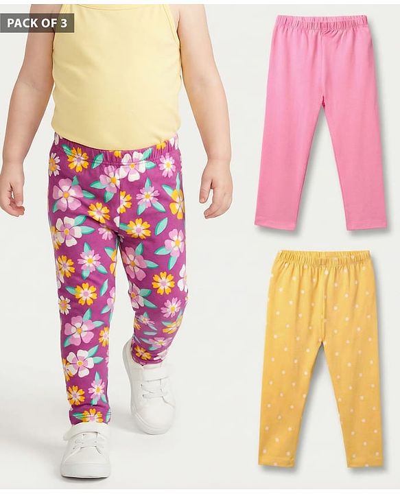 Babyhug Cotton Knit Full Length Leggings With Floral & Polka Dot Print Pack Of 3 - Yellow Pink & Plum