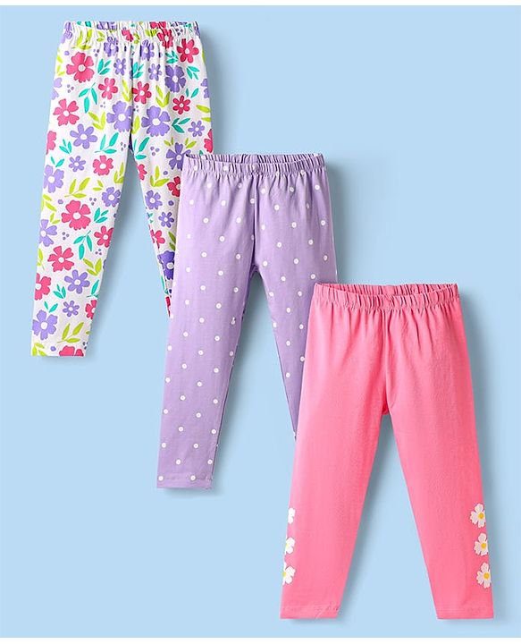 Babyhug Cotton Knit Full Length Leggings With Floral & Polka Dots Print Pack Of 3 - Purple Pink & White