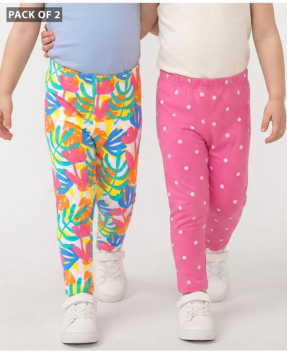 Babyhug Cotton Lycra Knit Full Length Leggings wit Polka Dots & Leaves Print Pack of 2 - Pink & White