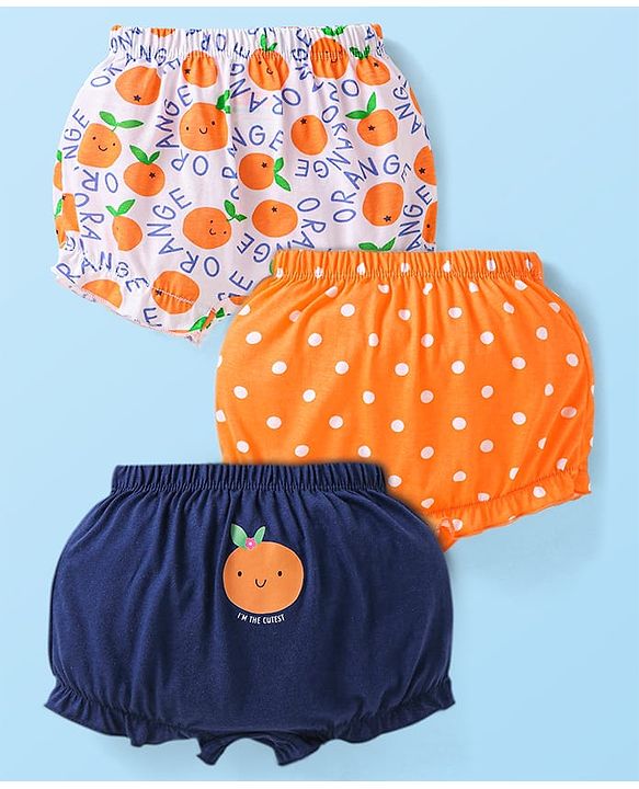 Babyhug 100% Cotton Knit Tangerine & Polka Dots Printed Bloomers Pack of 3 - Orange & Navy Blue