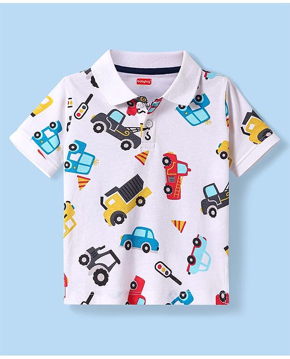 Babyhug Cotton Knit Half Sleeves Polo T-Shirt with Vehicle Print - White