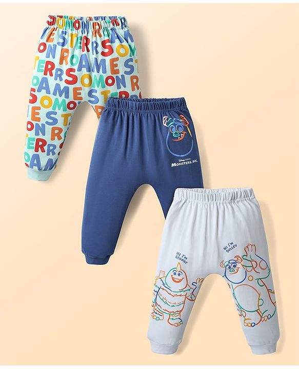Babyhug Interlock Knit Ankle Length Diaper Leggings With Monster INC Graphics - Navy Blue Light Green & White